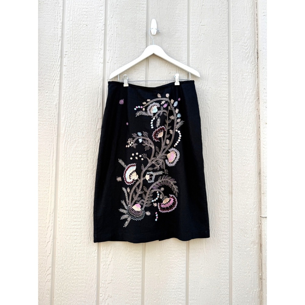 Richard Malcolm 14 Midi Skirt Boho Floral Embroidered Linen Blend Beaded